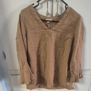 J.Jill Love Linen V-Neck Flounce-Sleeve Top Lagenlook Fall Top Brown Size Medium